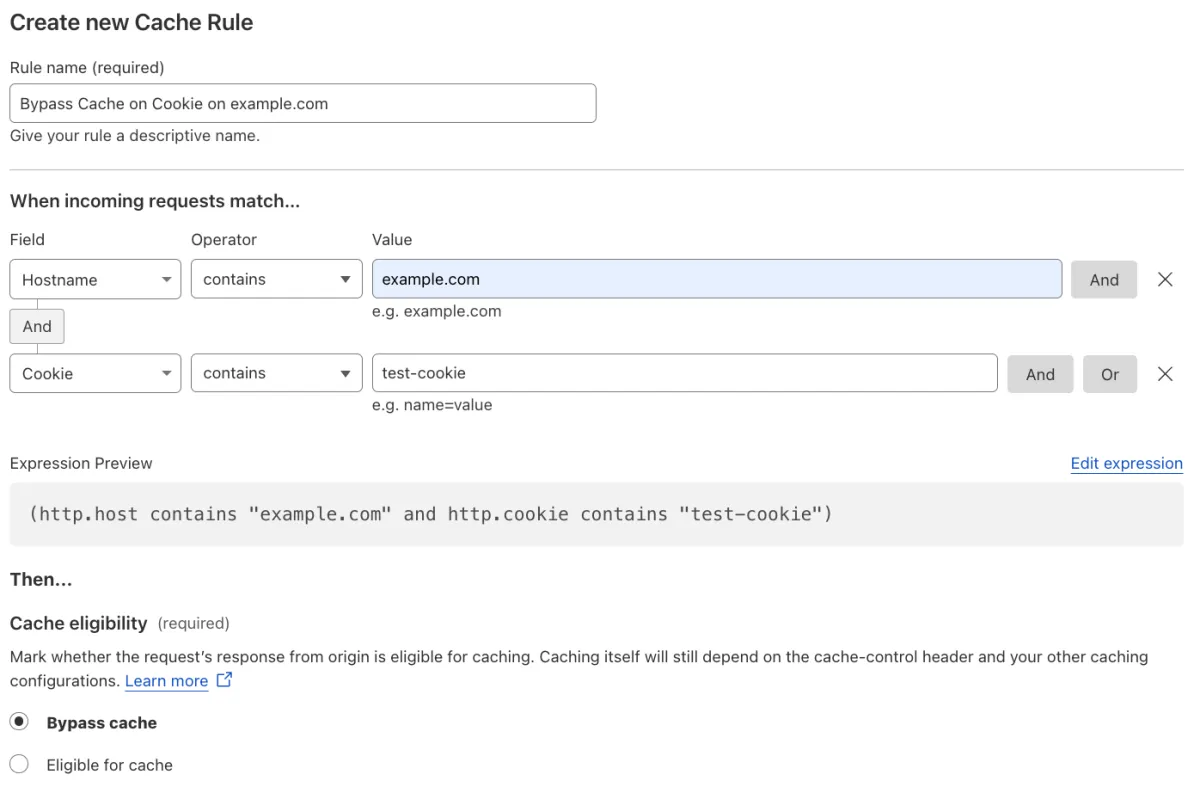 Cache rule matching the 'Bypass Cache on Cookie' setting of the example Page Rule