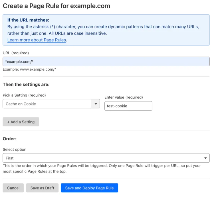 Example Page Rule with 'Cache on Cookie' setting