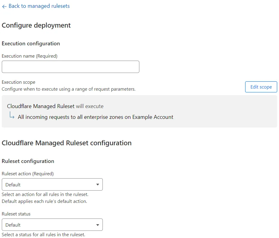 The Configure deployment page displaying the available options to override all the rules in the ruleset. In the displayed managed ruleset you can override the ruleset action.